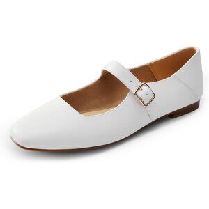 Dream Pairs Women's White Faux Leather Square Toe Buckle Strap Ballet Flats